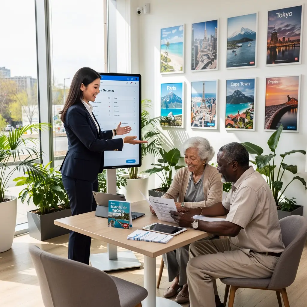 Zestaw długopisów i materiałów biurowych na biurku podróżnym.