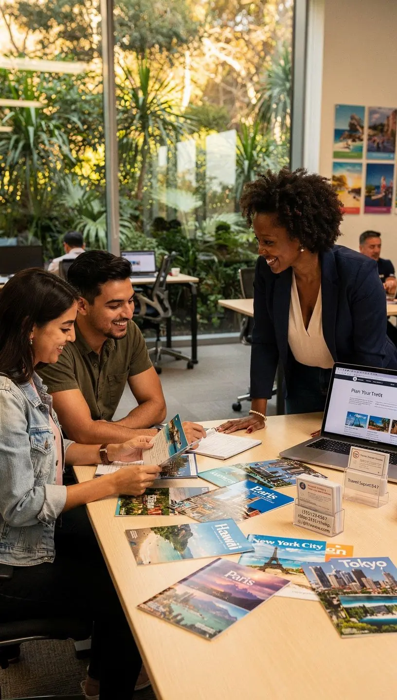 Stół pokryty broszurami i ulotkami z ofertami podróży.