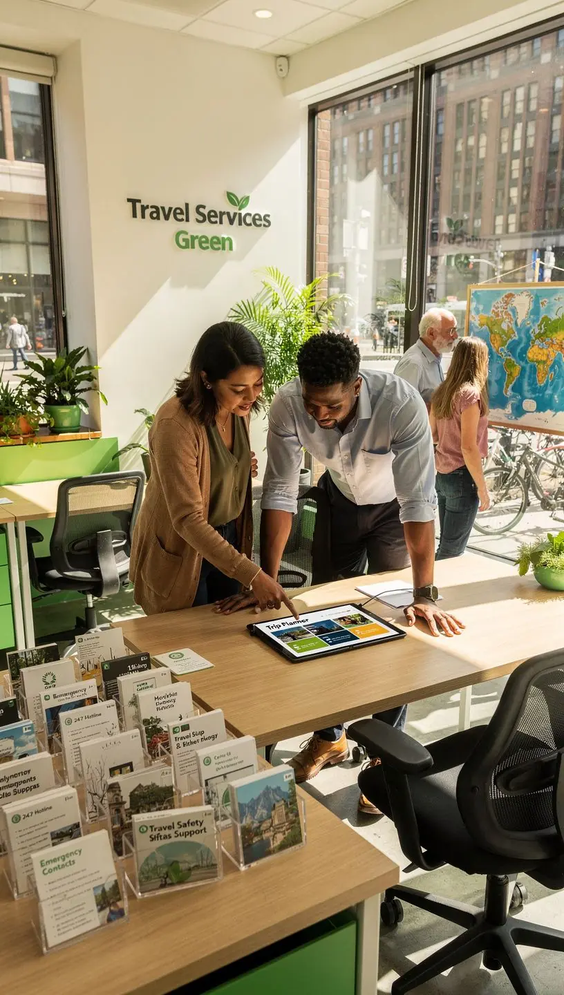 Zielona teczka z dokumentami podróżnymi i biletami.
