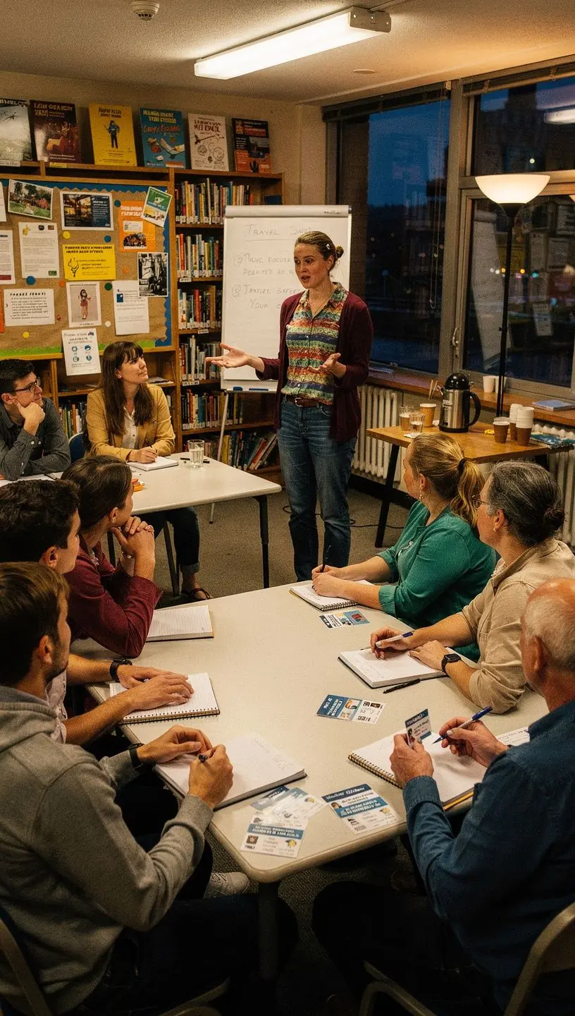 Osoba organizująca podróż z laptopem i notatkami na tle biura podróży.