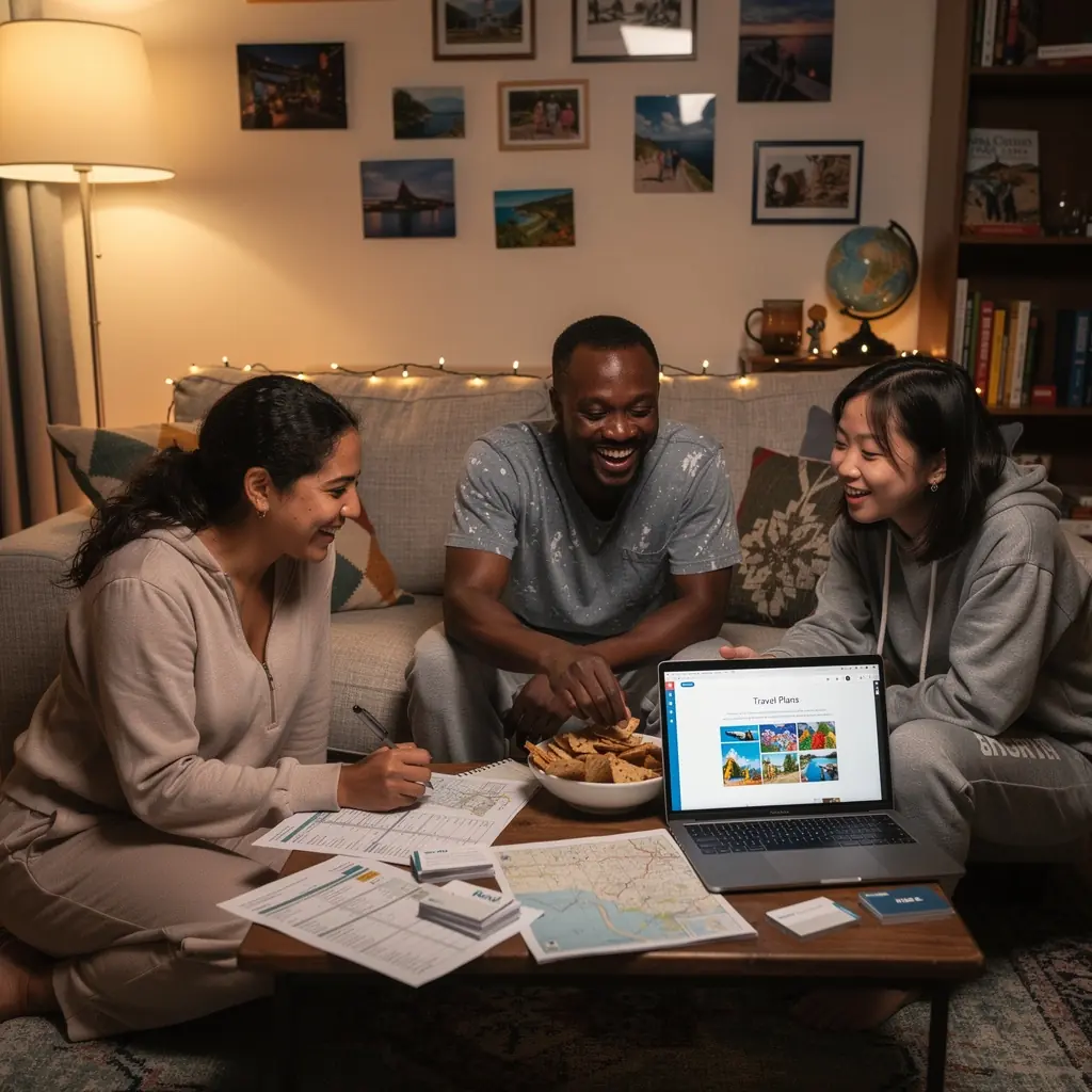 Planner podróży z oznaczeniami dat i miejsc w atrakcyjnej scenerii.